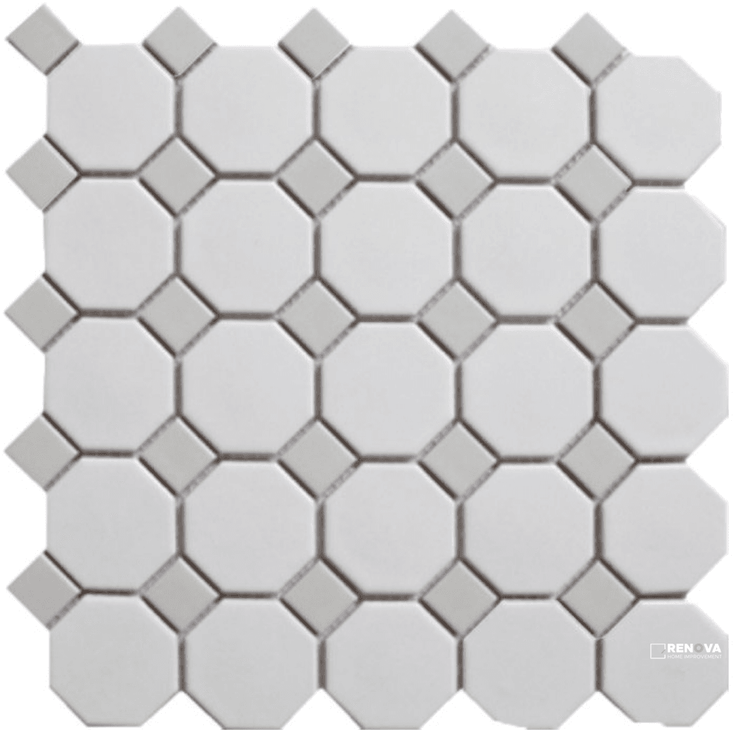 CC MOSAICS MATTE SNOW WHITE W/ GREY OCTAGON MOSAIC