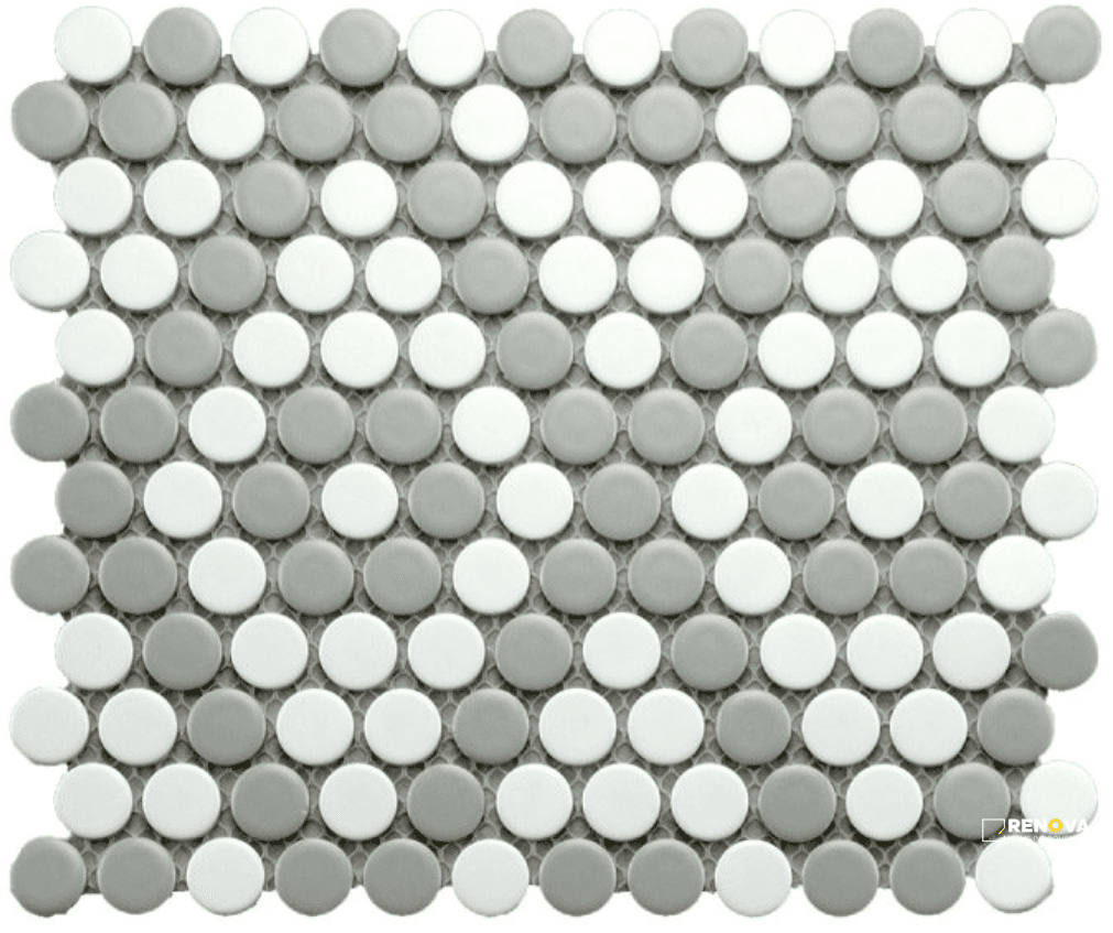 CC MOSAICS MATTE GREY/WHITE PENNY ROUND MOSAIC 9X10