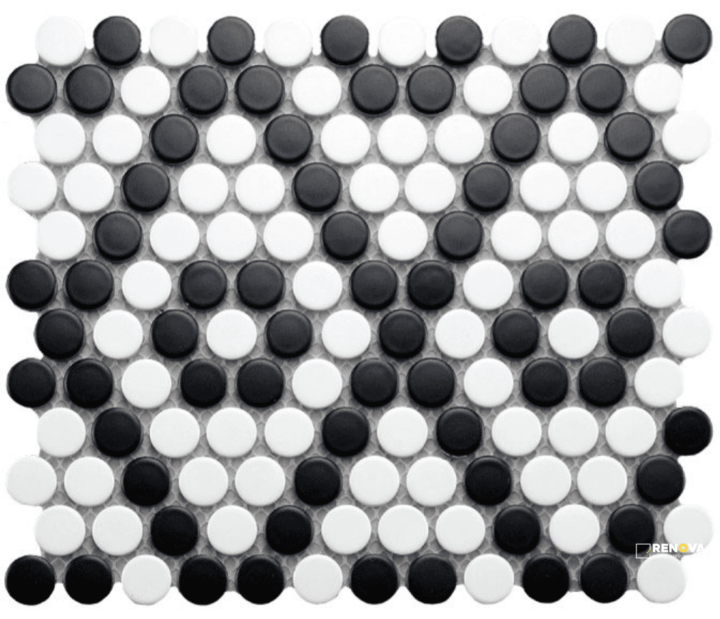 CC MOSAICS MATTE BLACK/WHITE PENNY ROUND MOSAIC 9X10