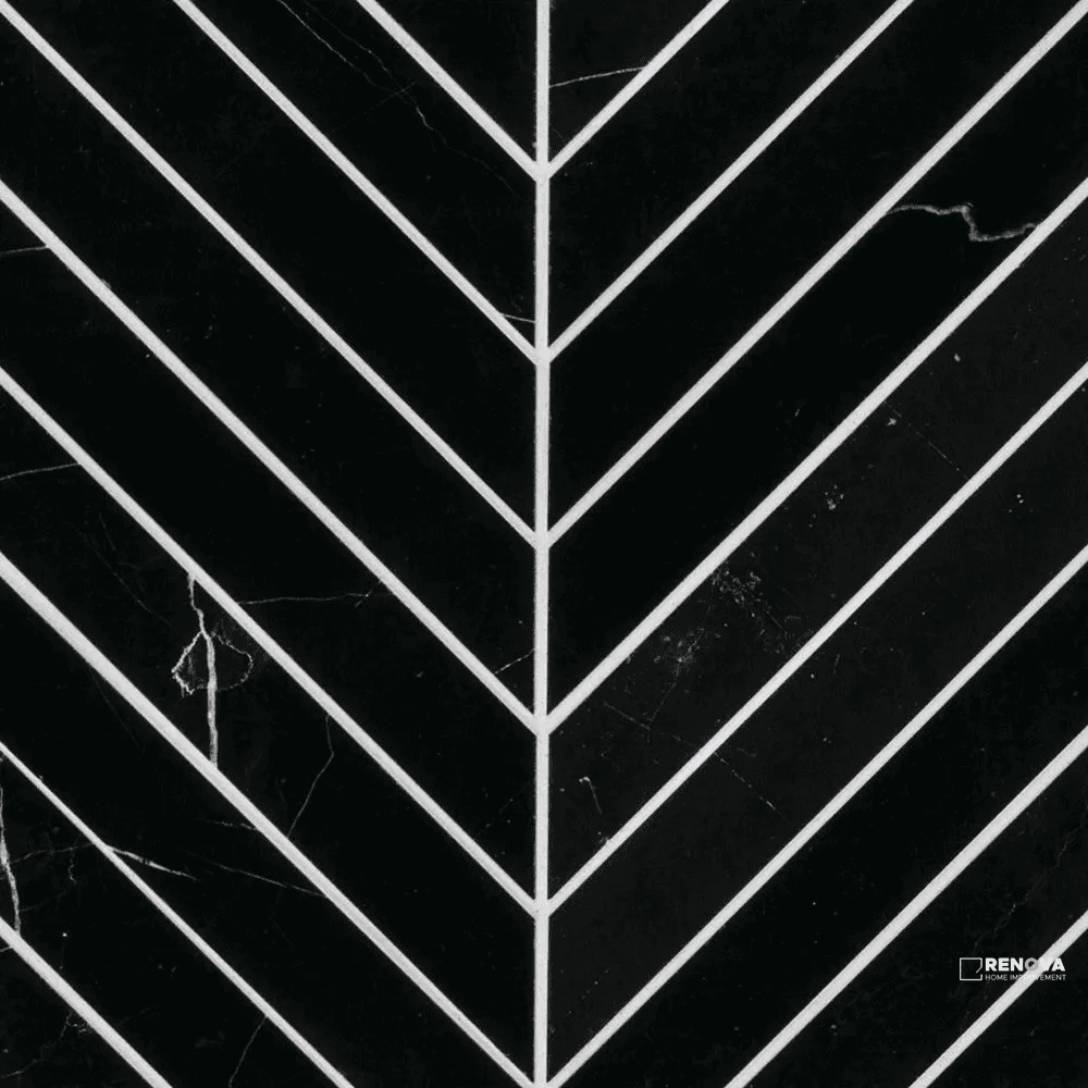 CHAPTER 18 - ROTUNDA NERO MARQUINA 2" X 10" CHEVRON MOSAIC ON 10-1/2" X 14-1/4" - FLOJEF516