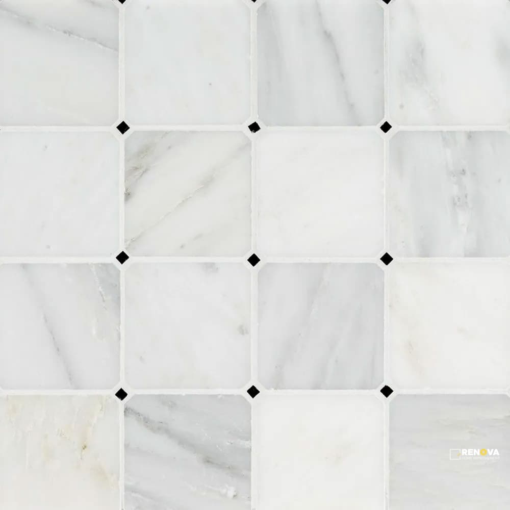 CHAPTER 15 - STATUARIO OCTAGON BLACK DOT MOSAIC 11-1/4" X 11-1/4"