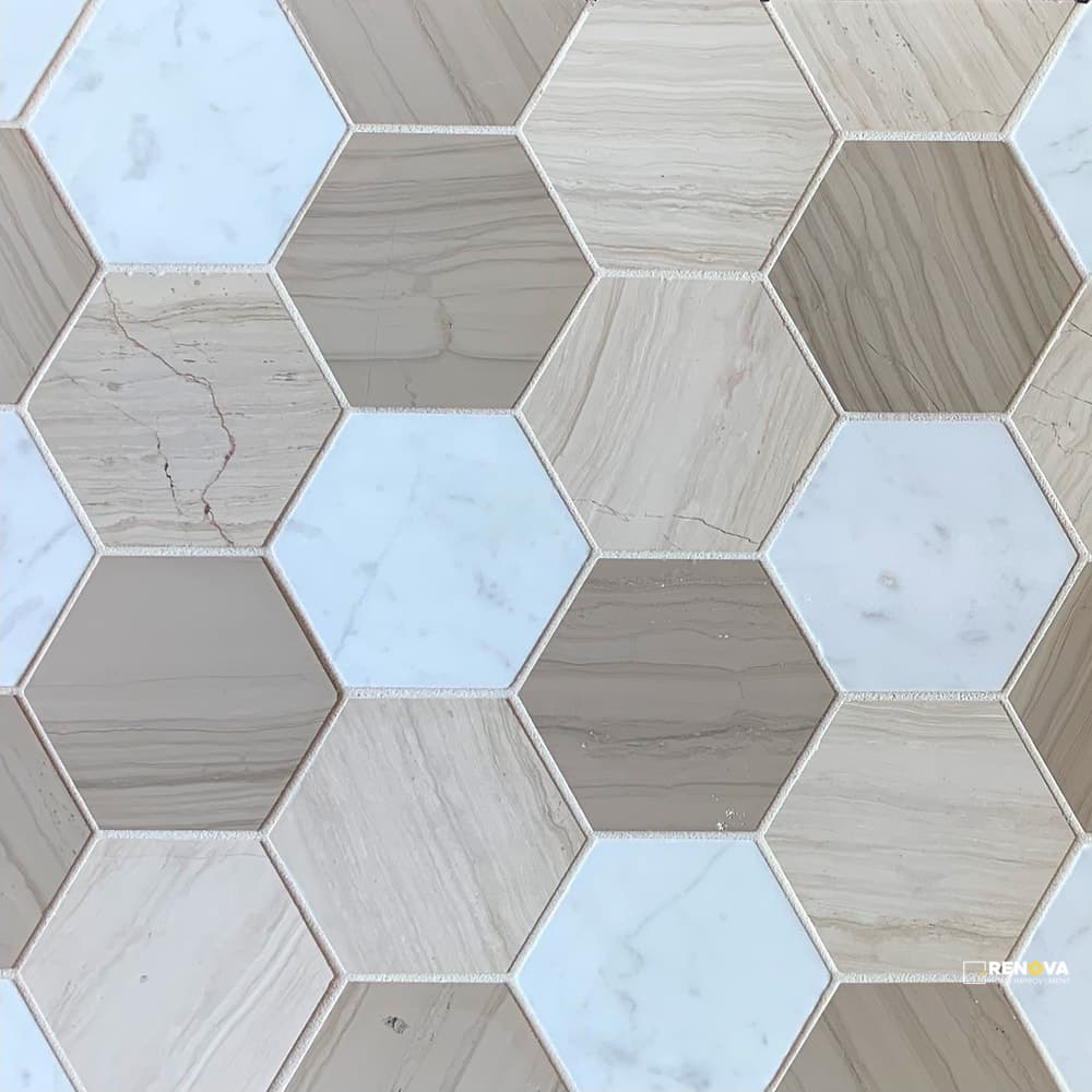 BIANCO CARRARA/ROCKWOOD/URBAN GREY STONE ESSENTIALS HEXAGON HONED MOSAIC 3"