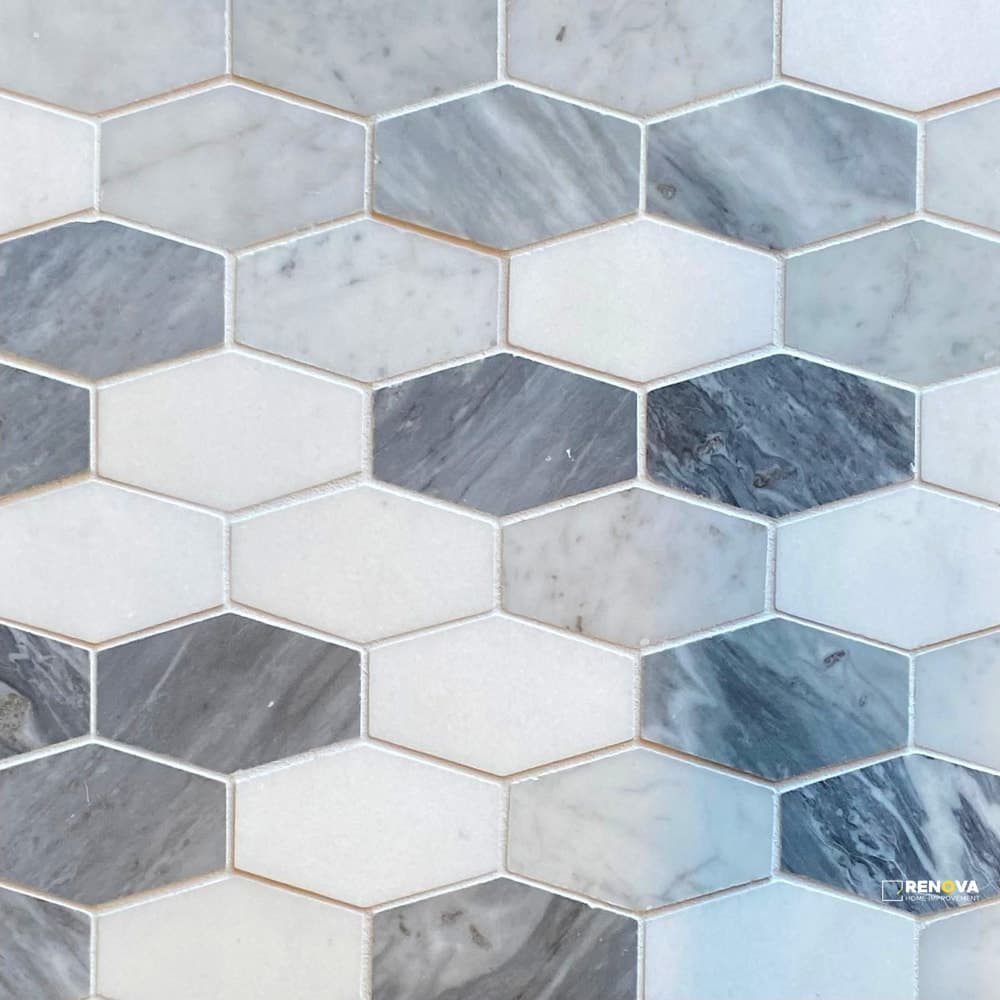BIANCO CARRARA/BARDIGLIO/THASSOS HONED ELONGATED HEXAGON MOSAIC 1-3/4" X 3"