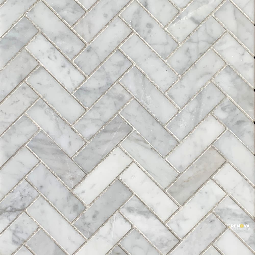 BIANCO CARRARA STONE ESSENTIALS HONED HERRINGBONE MOSAIC 1" X 3"