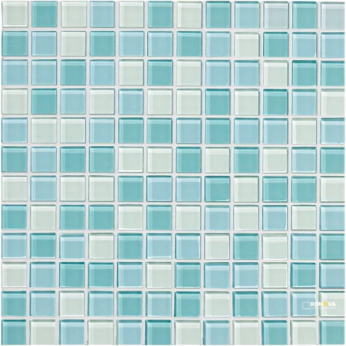 CROSSVILLE GLASS BLOX MOONBEAM, CLEAR SKY, AND AQUA GLEAM 1X1 MOSAIC .9385 SF/SH
