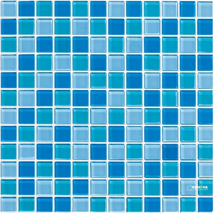 CROSSVILLE GLASS BLOX ANGEL FISH, SOUTH SEA, AND GLACIER 1X1 MOSAIC .9385 SF/SHT