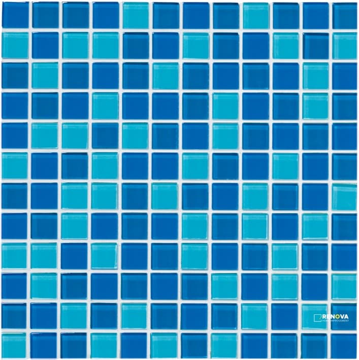 CROSSVILLE GLASS BLOX SOUTH SEA, AEGEAN, AND BLUE GROTTO 1X1 MOSAIC .9385 SF/SHT