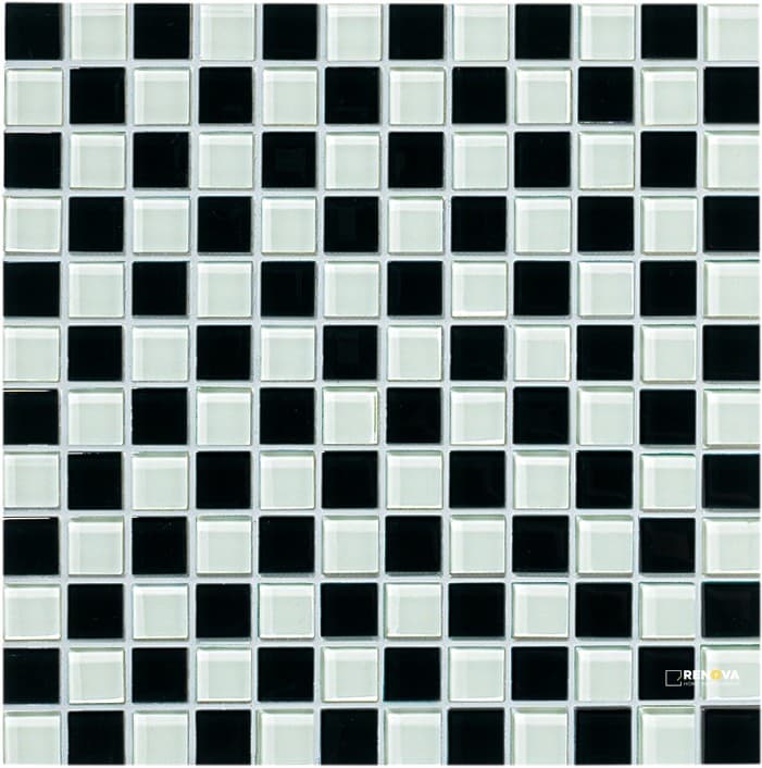 CROSSVILLE GLASS BLOX MOONBEAM AND BLACK MAGIC 1X1 MOSAIC .9385 SF/SHT