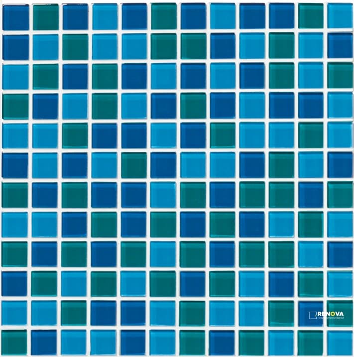 CROSSVILLE GLASS BLOX MERMAID, VIVID TEAL, AND SAPPHIRE 1X1 MOSAIC .9385 SF/SHT